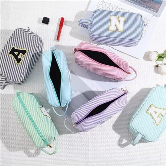 Pink Initial Makeup Bag for Women Teen Girls Travel Cosmetic Toiletry Pouch - Picture 2 of 7